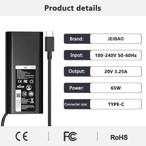 JEIBAO 65W 45W USB-C Laptop Charger Compatible with Dell Latitude 5530 5420 5430 5520 5540 7430 7420 7440 7340 7530 7330 7320 XPS 13 9250 9360 9365 9370 9380 9350 9550 Adapter Power Cord