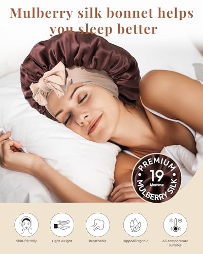 AWAYTR Silk Bonnet for Sleeping Women 100% Mulberry Silk Bonnet with Band 2 Layer Reversible Hair Bonnet Sleeping Hair Wrap (Silk, Dark Brown/Light Champagne)