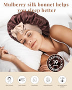 AWAYTR Silk Bonnet for Sleeping Women 100% Mulberry Silk Bonnet with Band 2 Layer Reversible Hair Bonnet Sleeping Hair Wrap (Silk, Dark Brown/Light Champagne)
