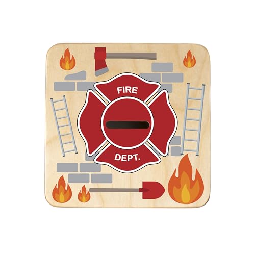 Wooden Piggy Bank for Kids and Adults, Personalized Gift Handmade in USA by BloomOwl, Custom Piggy Bank, Personalized Banks for Kids, Gifts for Baby Boys and Girls (Firefighter)