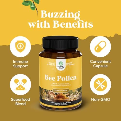 Bee Pollen Supplement 1000mg per Serving - Pure Bee Pollen Capsules with Naturally Occurring B Vitamins Minerals & Enzymes - Pills Made Vegetarian Non-GMO & Gluten Free (60 Servings)