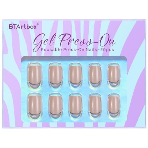 BTArtbox Press On Nails Short Square - Fall Fake Nails with Silver Foil Design, Supremely Fit & Glossy Glue On Nails in 15 Sizes, The Pale Moonshine