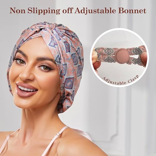 Adjustable Silk Satin Bonnet for Sleeping Hair Wrap, Double Layer Sleep Cap, Night Turban for Large Long Curly Braid Women Men Hair - Bohemia