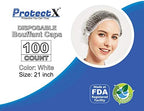 ProtectX 100-Pack White Disposable Hair Nets, Elastic Head Cover, Bouffant Caps, Sanitation Head Cover for Food Service, Spa Men & Women - 21 inch