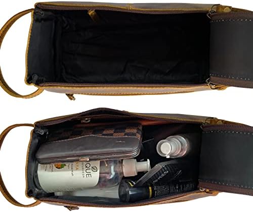 RUSTIC TOWN Buffalo Leather Toiletry Bag : Vintage Travel Shaving & Dopp Kit : for Toiletries, Cosmetics & More : Spacious Interior & Waterproof Lining : Compact, Fits Easily in Luggage