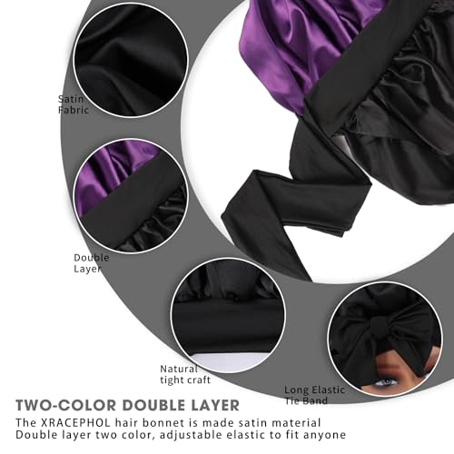 Silk Bonnet for Sleeping Women Double Layer Satin Bonnet Hair Bonnet with Elastic Tie Band Adjustable Bonnet for Curly Hair（Black and Purple）