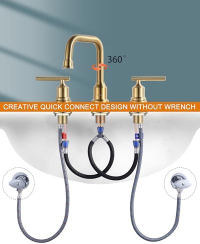 Brushed Gold Bathroom Faucet Set: WOWOW Widespread Bathroom Sink Faucet 3 Hole with Pop-up Drain and Supply Lines, 8 Inch Vanity Taps 3 Pieces Basin Tap 2 Handle Modern (Set of 2)
