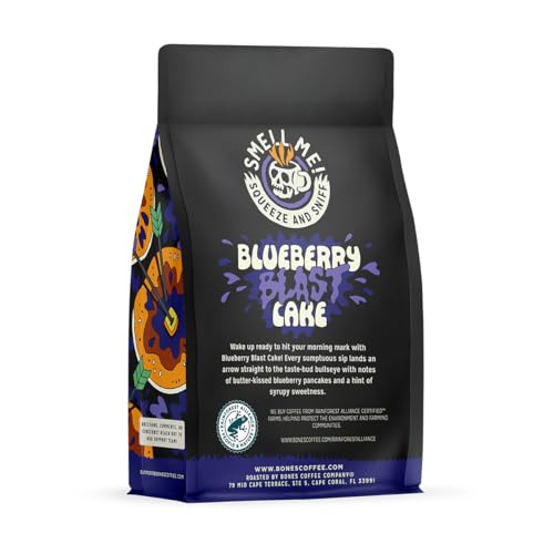 Bones Coffee Company Blueberry Blast Cake Flavored Coffee Beans, Medium Roast Ground Coffee Low Acid, Blueberry Pancakes Flavor (12 oz)