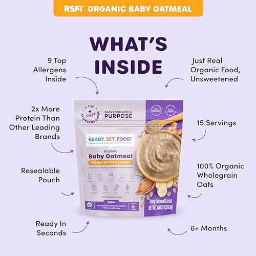 Ready, Set, Food! Organic Baby Oatmeal Cereal | Peanut Butter Banana - 1 Pack | Organic Baby Food with 9 Top Allergens: Peanut, Egg, Milk, Cashew, Almond, Walnut, Sesame, Soy & Wheat | Unsweetened | Fortified with Iron - 15 servings