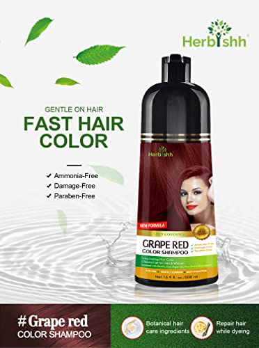 Herbishh Hair Color Shampoo (Grape Red) - Magic Hair Dye for Gray Hair - Ammonia-Free, 3-in-1 Shampoo Conditioner - Lasts 2-3 Weeks, 500 ml