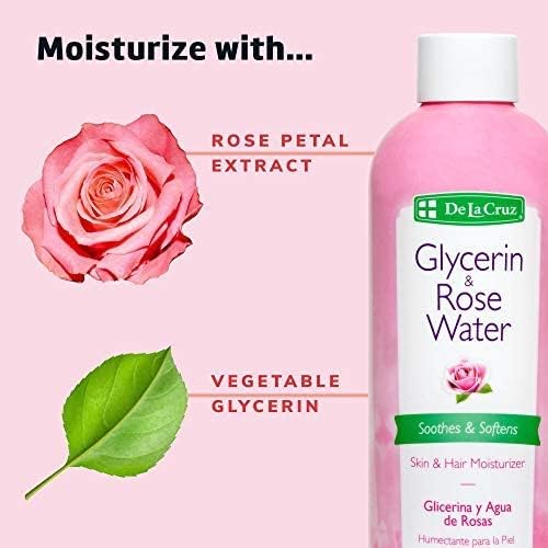 De La Cruz Rose Water and Glycerin for Face - Rosewater Facial Toner and Moisturizer for Skin and Hair 8 fl oz (236 mL) - 2 Bottles