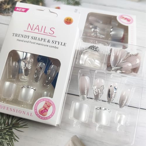 48Pcs Rhinestones Press on Nails Toenails Medium Almond Glossy Silver Glitter Acrylic False Nails 3D Butterfly Fake Nails Gel Glue on Nails for DIY Manicure Stick on Nails for Coquette Women Girls