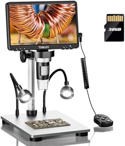 TOMLOV DM9 7" Digital Microscope: 1080P 1200X Coin Microscope Magnifier, 12MP Ultra-Precise Focusing LCD Soldering Microscopes for Adults, PC View, 32GB