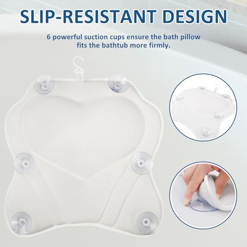 LuxStep Bath Pillow-Bathtub Pillow with Air Mesh Fabric & 6 Non-Slip Suction Cups, Bath Pillows for Tub Head, Neck and Back Support, Bath Accessories Spa Gifts, White