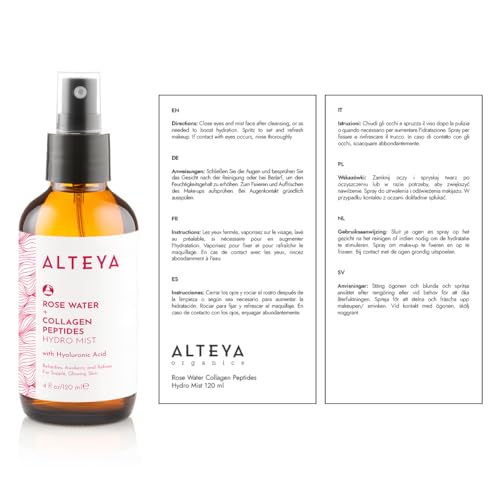 Alteya Organics Rose Water Face Toner with Collagen Peptides and Hyaluronic Acid - 4 Fl Oz/ 120mL
