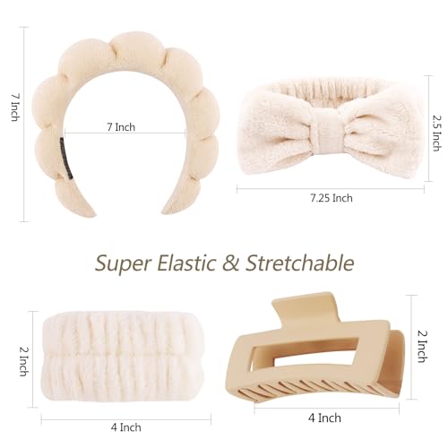 VELSCRUN 5 Pcs Khaki Puffy Sponge Spa Headband Bow Tie Hair Band Hair Clips Wristband Set, Spa Headbands for Wash Face, Makeup Headband, Facial Skincare Headbands Women Girls Hair Accessories Gifts