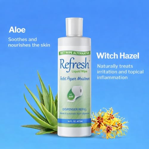 Refresh Liquid Wipe Toilet Paper Foam Refill – Flushable Wet Wipe Alternative – Cleanses & Soothes with Witch Hazel & Aloe – 8 oz Refill Bottle
