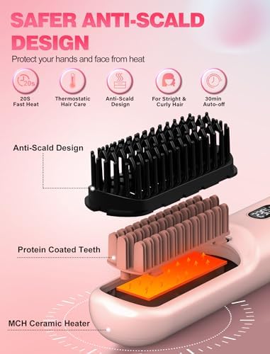 Portable Cordless Hair Straightener Brush for Travel,Mini Hair Straightener Comb with Negative Ion,Hair Straightener Brush Hot Comb for Women, Rechargeable 9600mAh Battery,12 Temp-Setting,Pink