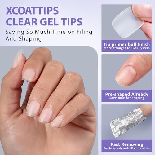 BTArtbox Extra Short Square Nail Tips - Clear Short Gel Nails with Tip Primer Cover, Stronger Adhesion Full Cover Soft Gel Fake Nail Tips for Easy Nail Extension