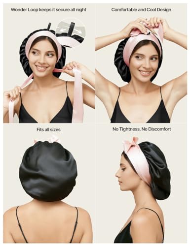 100% Mulberry Silk Bonnet for Sleeping Women with Curly Hair - Short Long Hair Bonnet for Sleeping - Alternative to Double Layer Satin Bonnet with Tie Band - Premium Hair Wrap for Sleep Black