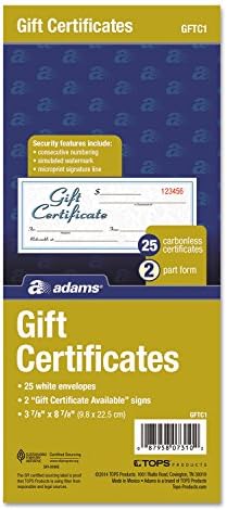 Adams Gift Certificate Book, Carbonless, Single Paper, 3.4 x 8 Inches, White/Canary, 2-Part, 25 Numbered Certificates Plus Store Sign (GFTC1)