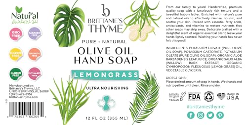 Brittanie's Thyme Organic Natural Hand Soap - 12 oz, Pack of 3 (Lemongrass) Castile Soap Made Olive Oil And Natural Luxurious Essential Oils. Vegan & Gluten Free