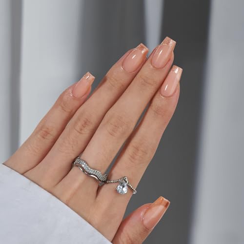 BTArtbox Press on Nails Coffin - Gold Rose French Tips Press On Nails Short for Women, Cat Eye Nail Tips, Glitter Fake Nails with Glue, Glue On Nails in 16 Sizes - 30 Nail Kit, Gold Dust