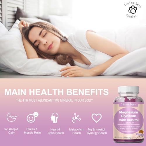 Magnesium Glycinate Gummies 400mg, w/Inositol 500mg for Women, Mineral & VIT B8 for Sleep, Stress & Muscle Relief, Metabolism Health, Sugar Free, No Melatonin, Gluten Free, Non GMO, Vegan, Pectin, 60