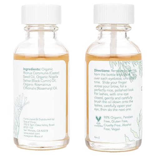 Sea El Castor Lash & Brow Serum Organic Castor Oil Rosemary Oil & Black Seed Oil Hair Conditioner - Eyelashes & Eyebrow Thickening & Growth Essentials for Women & Men - 1 fl oz Bottle (Pack of 2)