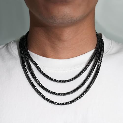 4mm Black Moissanite Tennis Necklace for Women Mens Stainless steel Iced Out Lab Grown Moissanite Diamond Round Cut Necklaces for Men Tennis Hip Hop Chain (4MM Moissanite, 24 inch)