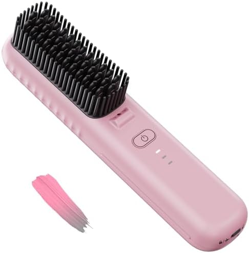 Cordless Hair Straightener Brush, Portable Mini Straightening Brush for Travel, Negative Ion Hot Comb Hair Straightener for Women, Cherry Blossoms Pink