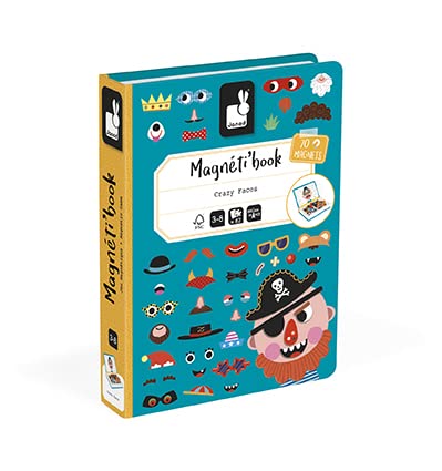 Janod - Magnetibook 83 Pc Magnetic Boy Crazy Face Dress Up Game - Decorating Fridge with Magnetic Letters - Enhances Creativity and Learning - Boosts Self-Confidence - Portable and Easy Storage