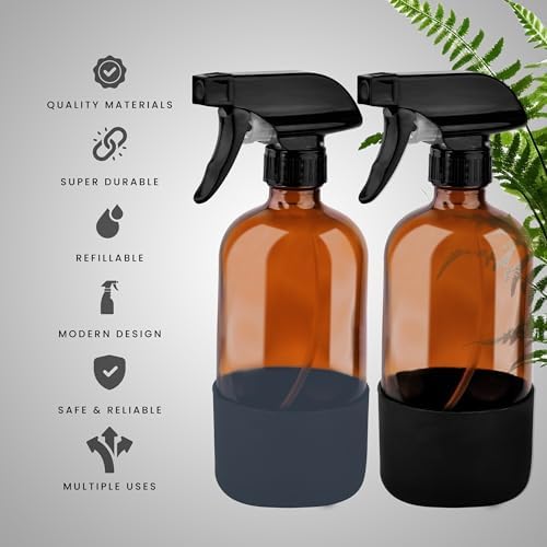 16oz Empty Glass Spray Bottle with Silicone Sleeve Protection - Refillable Containers for Cleaning Solutions, Essential Oils, Misting Plants - Including 3 Sprayers (Amber, 2 PACK)