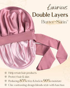 YANIBEST Double Layer Satin Silk Bonnet for Sleeping Hair Bonnet with Elastic Tie Band for Curly Hair Wig Caps Beanpaste Pink