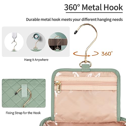 CUBETASTIC Hanging Travel Toiletry Bag, Green Makeup Organizer for Women Men, 3 Compartment Portable Cute Cosmetic Case Water-resistant Small Travel Bag for Toiletries