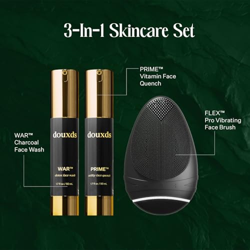 douxds The Clear Skin Kit, FLEX™ Pro Vibrating Face Brush, WAR™ Charcoal Face Wash, PRIME™ Vitamin Face Quench, Skincare for Oily Skin, Men's Skincare Kit, Detox Face Wash