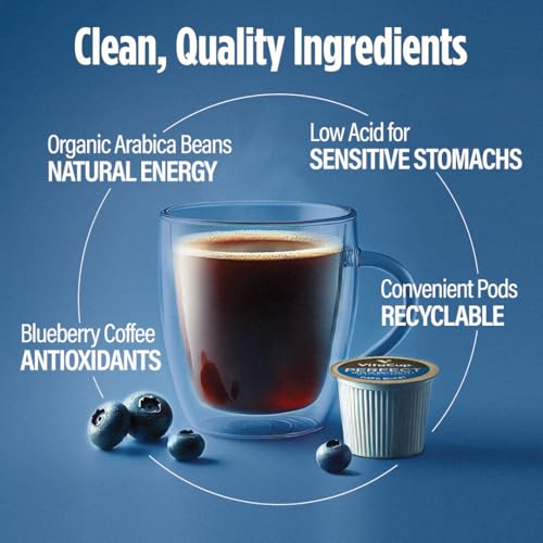 VitaCup Perfect Blueberry Flavored Low Acid Coffee Pods, Organic, Fair Trade, Dark Roast Single Origin from Guatemala, Clean & Pure, Recyclable Single Serve Pods, 64 Ct