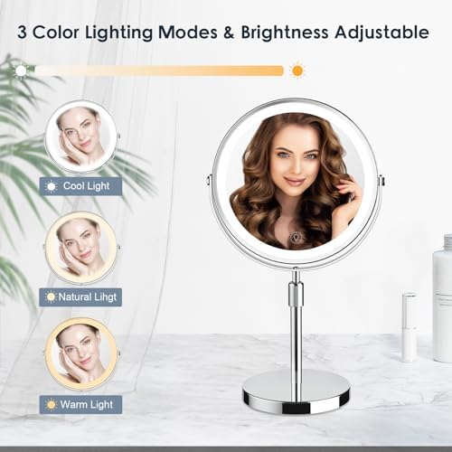 Makeup Mirror with Lights, Height & Brightness Adjustable Lighted Makeup Mirror with 10x Magnification, 8" Rechargeable Double Sided Vanity Mirror with 3 Colors Lights