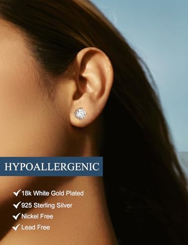 Moissanite Stud Earrings Hypoallergenic 925 Sterling Silver stud Earrings for Women Round Cut D Color VVS1 18K White Gold Plated Lab Created Moissanite Earrings for Women Men 0.3ct-2ct