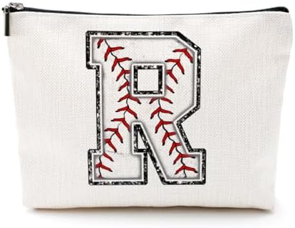 Baseball Gifts Initial Makeup Bag Monogrammed Cosmetic Bag Letter R Zipper Pouch Baseball Accessories for Girls Women Baseball Player Coach Friend Baseball Stuff Graduation Birthday Gifts