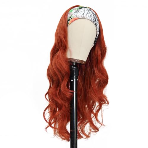 Colorful Queen Reddish Brown Headband Wig Auburn Body Wave Headband Wigs for Black Women Copper Red Colored Long Wavy Wig with Headband 26 Inch Glueless Half Wig