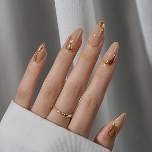 BTArtbox Press On Nails Almond - Glue On Nails Medium with 3D Sculpting Metallic Design, Supremely Fit & Glossy Fake Nails in 15 Sizes, Amber
