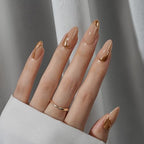 BTArtbox Press On Nails Almond - Glue On Nails Medium with 3D Sculpting Metallic Design, Supremely Fit & Glossy Fake Nails in 15 Sizes, Amber