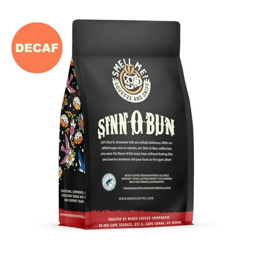 Bones Coffee Company Decaf Sinn 'O' Bun Flavored Coffee Beans, Medium Roast Ground Coffee Low Acid Decaffeinated, Cinnamon Roll Flavor (12 oz)