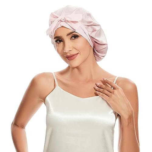 22 Momme 100% Mulberry Silk Bonnet for Women, Silk Sleep Cap for Hair Care, Silk Hair Wrap for Sleeping with Elastic Stay on Head All Night (Pink)