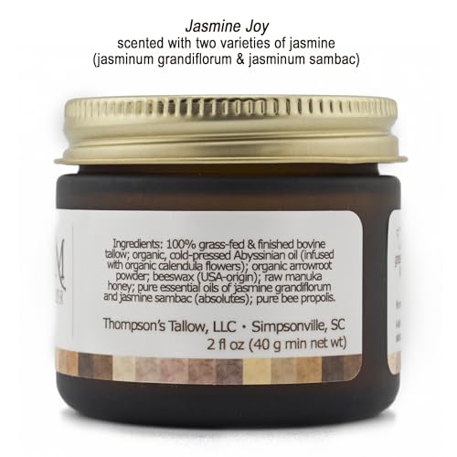 Thompson’s Tallow – Beef Tallow for Skin, 100% Grass-Fed Whipped Tallow Balm Moisturizer with Abyssinian Oil, Manuka Honey & Propolis, Herb-Infused, USA Handmade, Jasmine