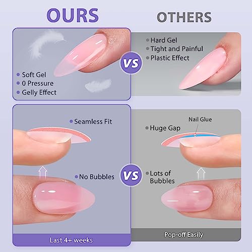 BTArtbox XCOATTIPS Soft Gel Nail Tips - Long Square Press On Nails Pink Colored Natural with Tip Primer Cover, One-Step Full Cover Fake Nails Gel Nails for Nail Extensions Art