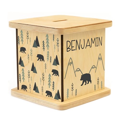 Wooden Piggy Bank for Kids and Adults, Personalized Gift Handmade in USA by BloomOwl, Custom Piggy Bank, Personalized Banks for Kids, Gifts for Baby Boys and Girls (Minimal Bear)