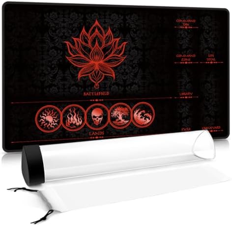 MTG Playmat with Play Zones – Magic Play mat Card Game Mat for Magic The Gathering, Lotus & Basic Lands Design, 24x14 inch, Stitched Edge, Non-Slip Base with Prismatic Playmat Tube-Red Zone