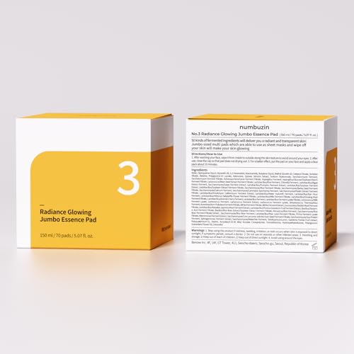 numbuzin No.3 Toner Pads | Radiance Glowing Jumbo Essence Pad | Clear Glass Skin, Texture Care | Biodegradable Vegan Pads, Fermented Ingredients, Niacinamide | 70 pads/5.07 fl. oz.